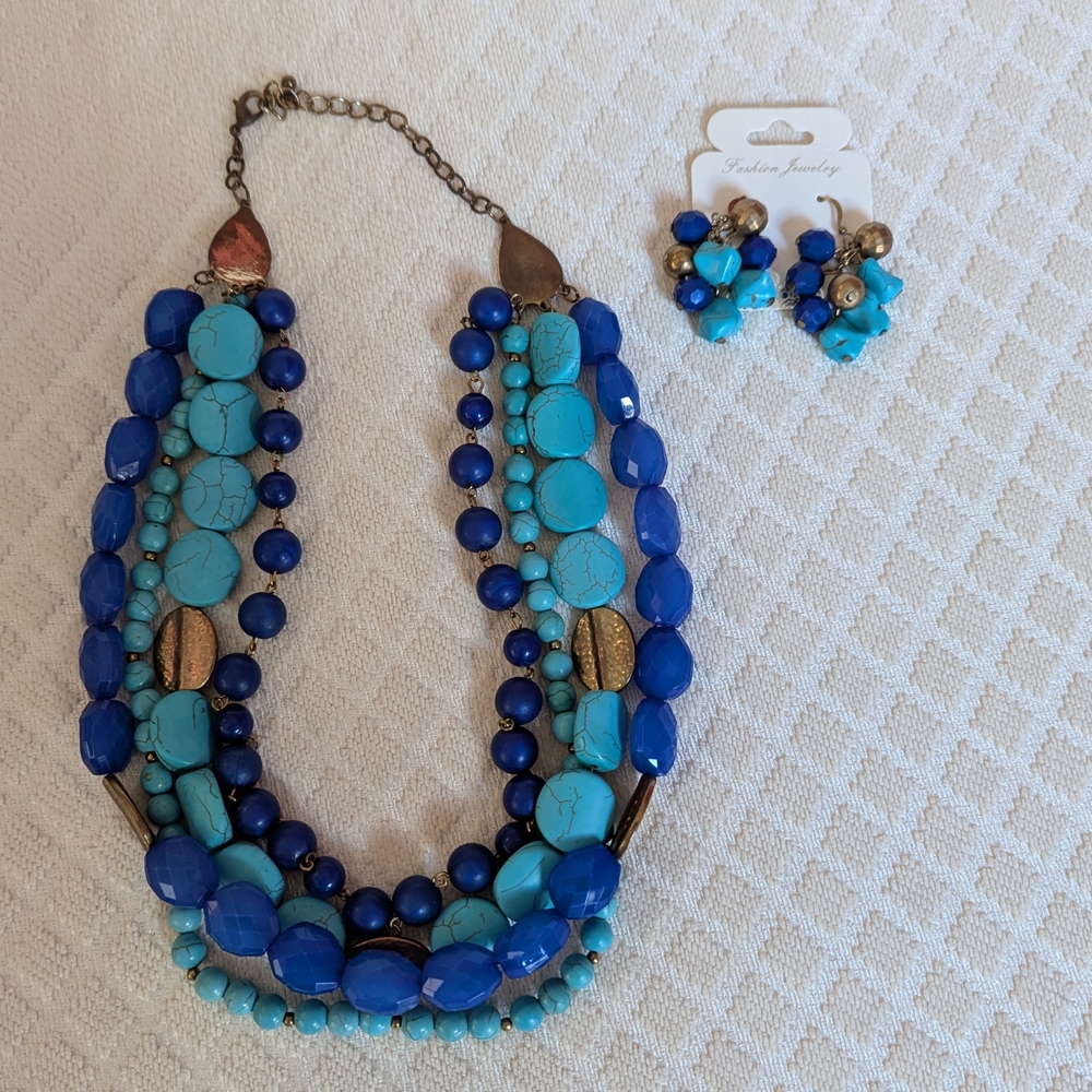 Blue and Gold Fashion Jewelry Necklace and Earring Set